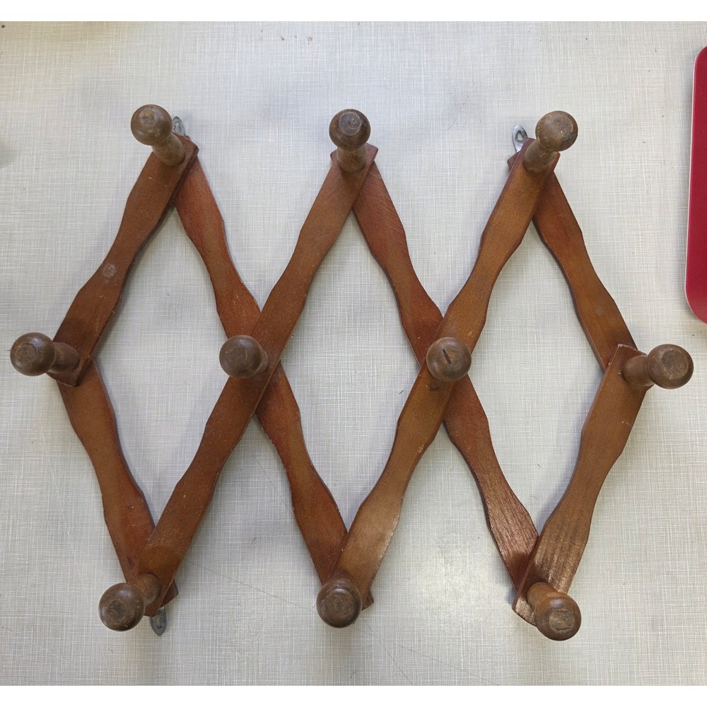 Vintage Wooden Accordion Wall Rack Expandable 10 Peg Hat Coat Mug Hanger Brown